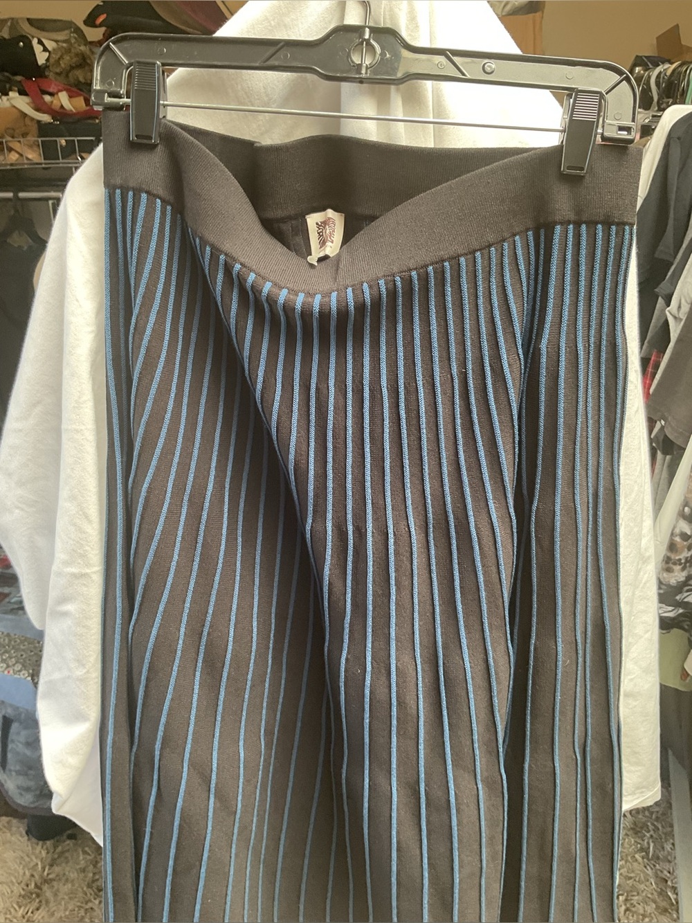 ANNE KLIEN Black Pinstripe Maxi Skirt with Blue Stripes